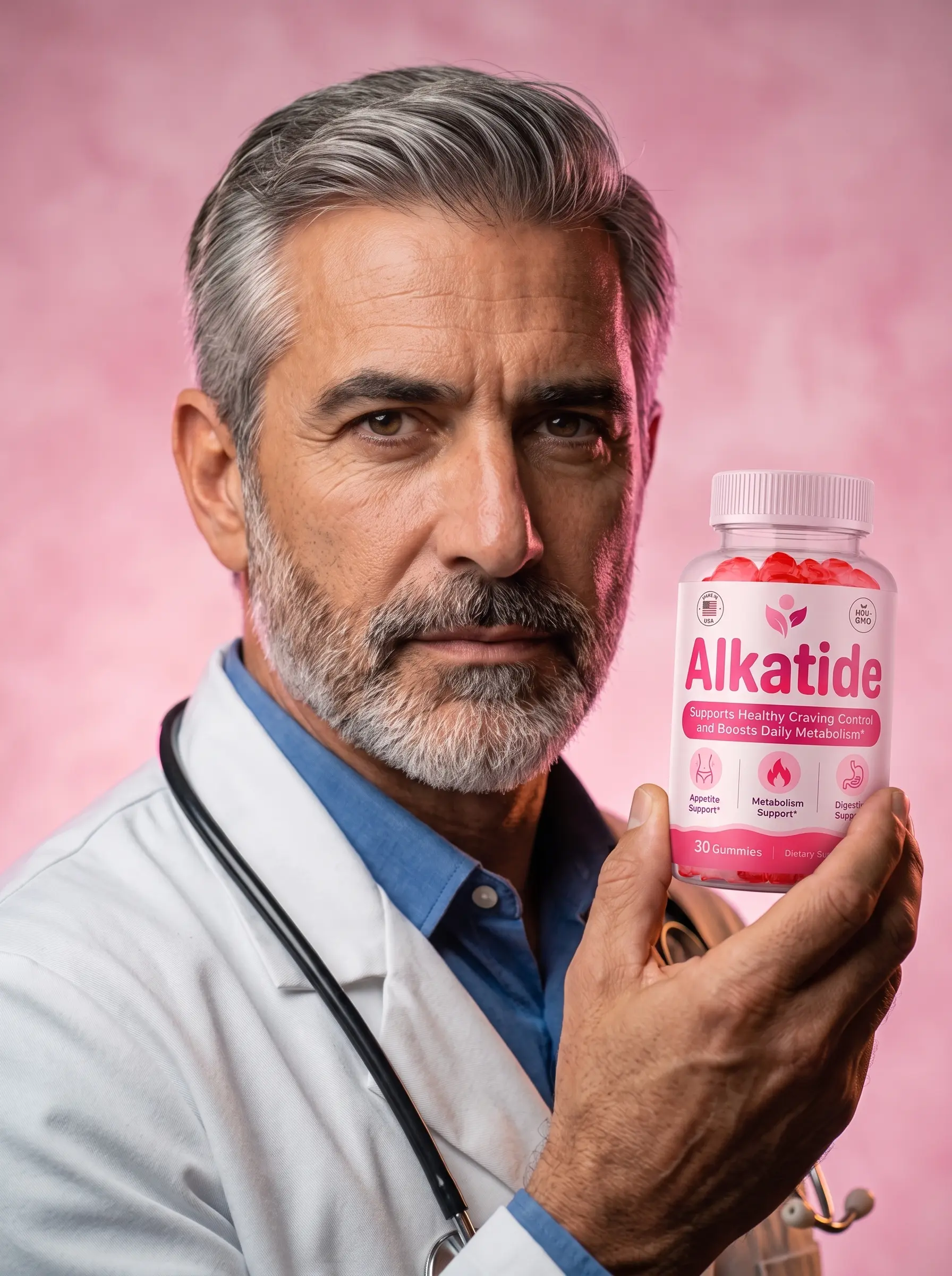 Doctor-style hero image holding AlkaTide bottle